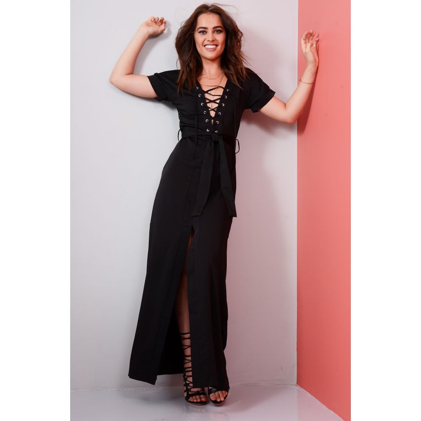 Lovemystyle Black Maxi Dress With Lace Up Front And Split