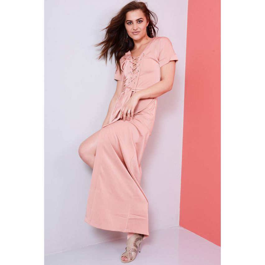 Lovemystyle Dusty Pink Maxi Kleid mit Schnürung vorne
