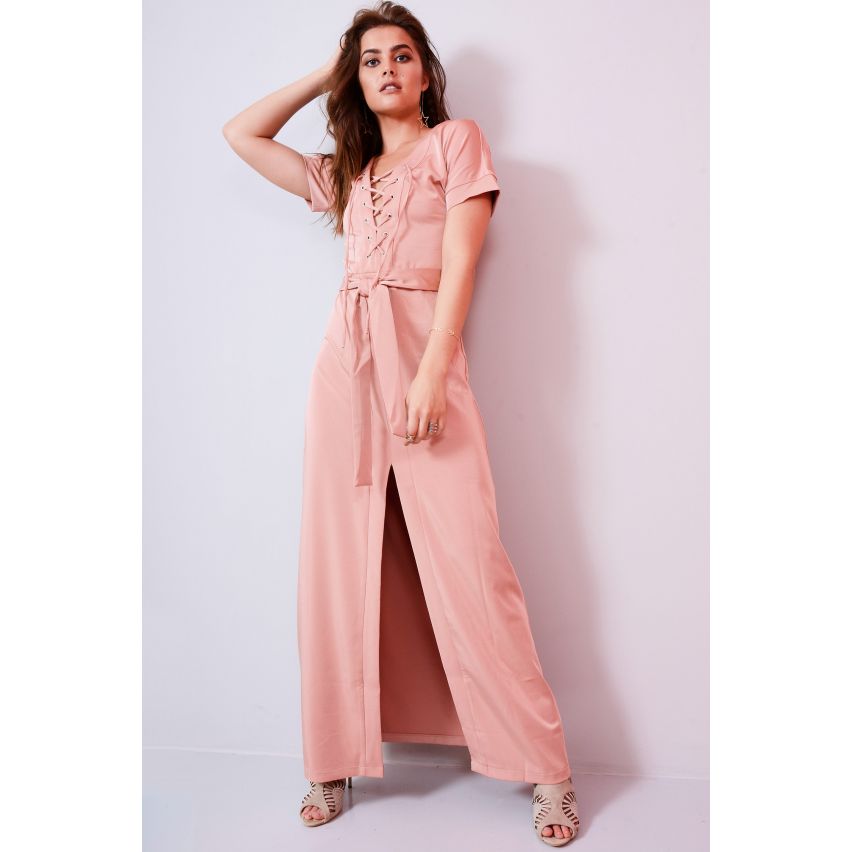 Lovemystyle polveroso rosa Maxi abito con pizzo frontale