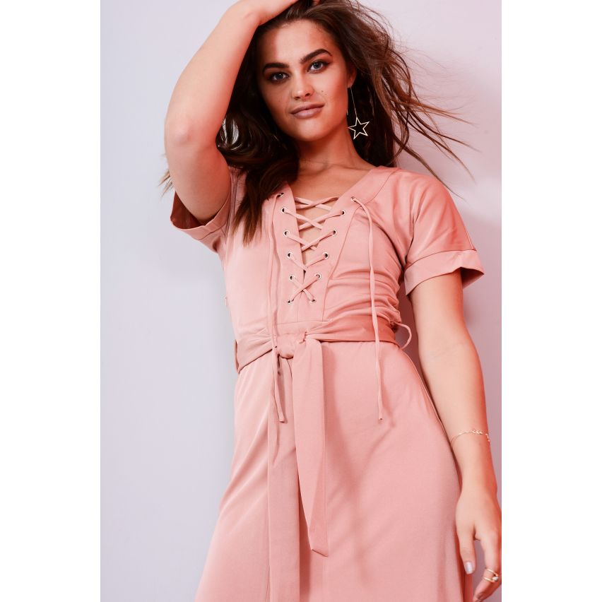 Lovemystyle Dusty Pink Maxi Kleid mit Schnürung vorne