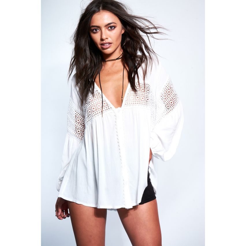 Danity delantal blanco blusa con detalle de encaje y