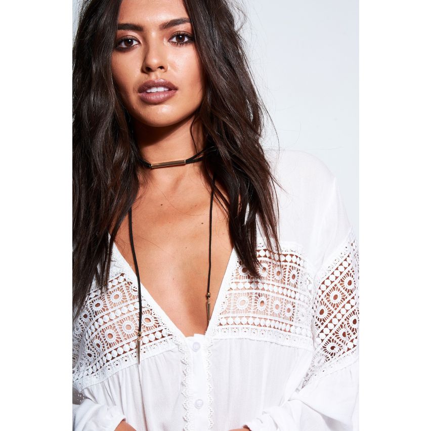 Danity witte Kiel Blouse met knop en Lace Detail