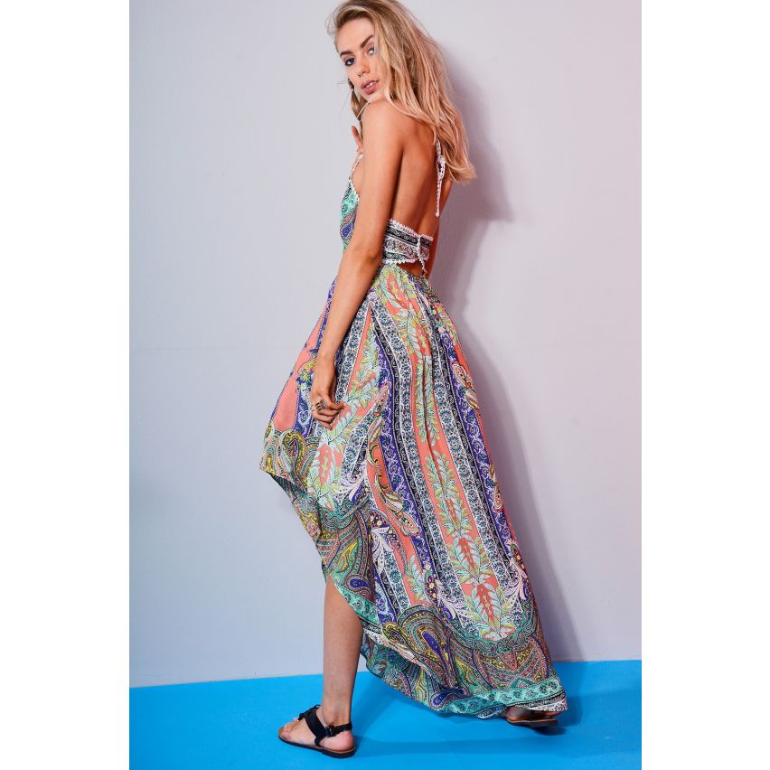 Danity stampato Dip orlo Maxi abito con scollo Halter In arancione