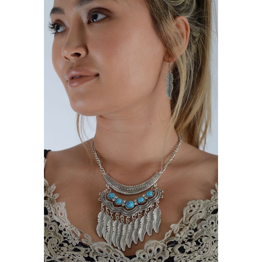 LMS Silver With Turquoise Stone Necklace And Earring Set