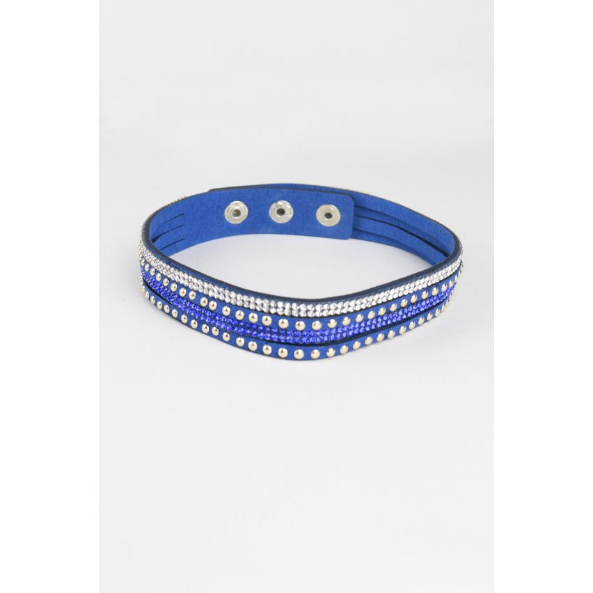 LMS Wrap bleu Bracelet avec des poteaux métalliques et détail de Diamante