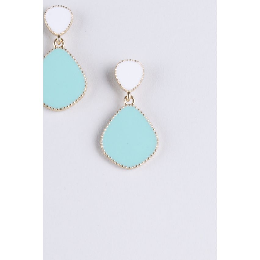 LMS Gold Earrings With White And Mint Blue Tear Drop Stones