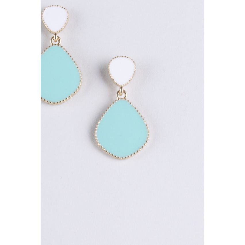 LMS gouden oorbellen met wit en Mint blauwe Tear Drop stenen