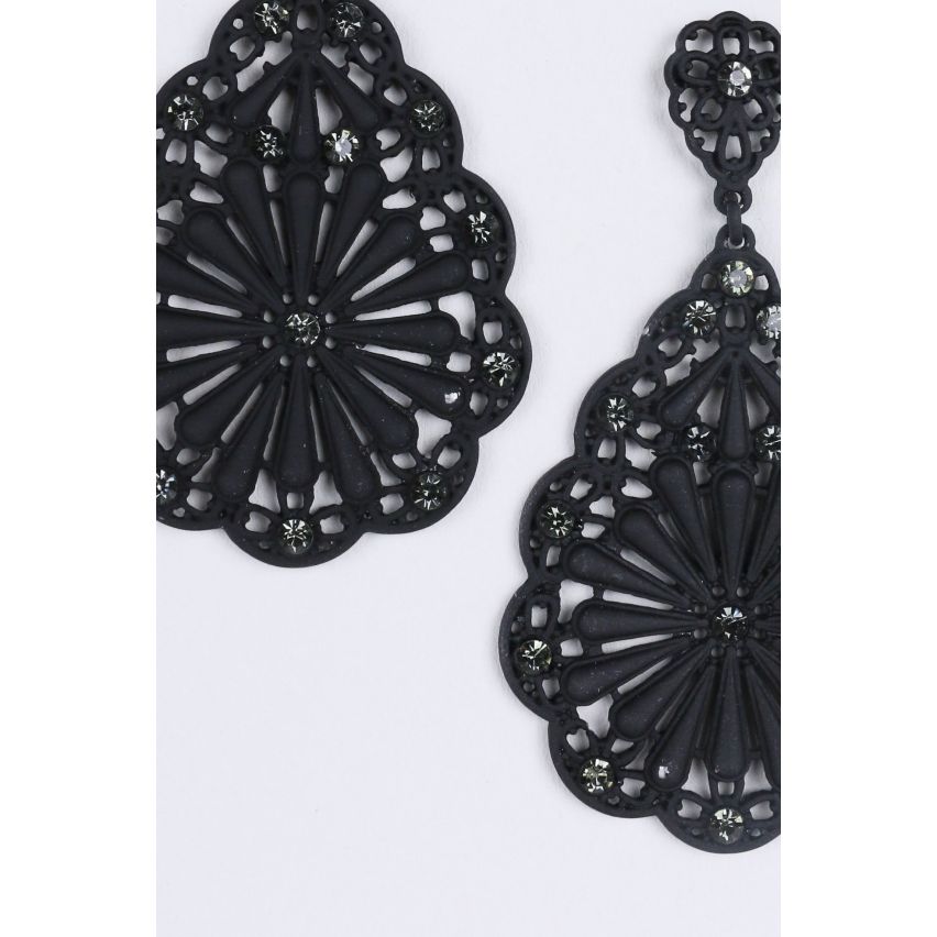 Lovemystyle Black Lace and Diamante Oversized Drop Earrings