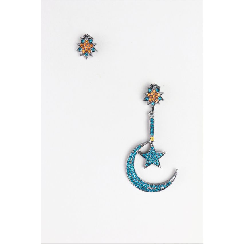 LMS Moon And Star Earrings Encrusted In Blue And Orange Diamantes