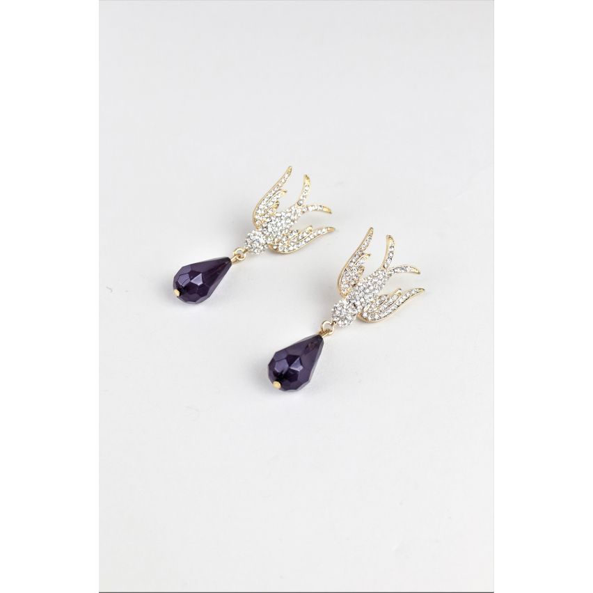 LMS Gold Bird Earrings With Diamantes And Tear Drop Black Bead