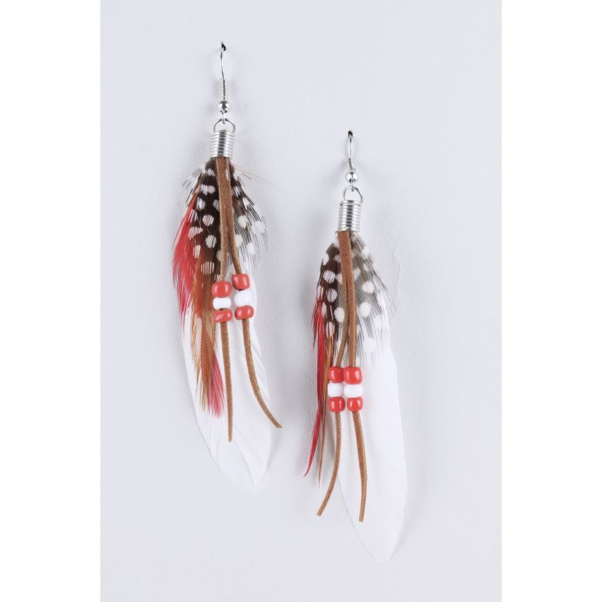 Lovemystyle White Feather Suede and Bead Detail Earrings