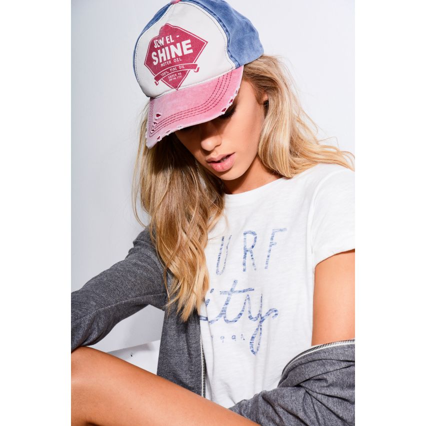 Lovemystyle Navy And Cream, Distressed Cap With Red Graphic