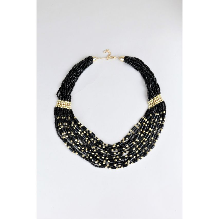 LMS Multi Strand Black Beaded Necklace With Gold Bead Accents