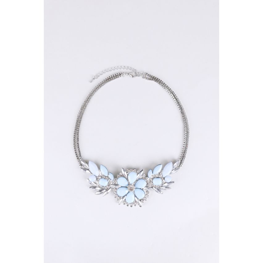 Lovemystyle Silver Necklace With Blue Stone and Diamante Flower