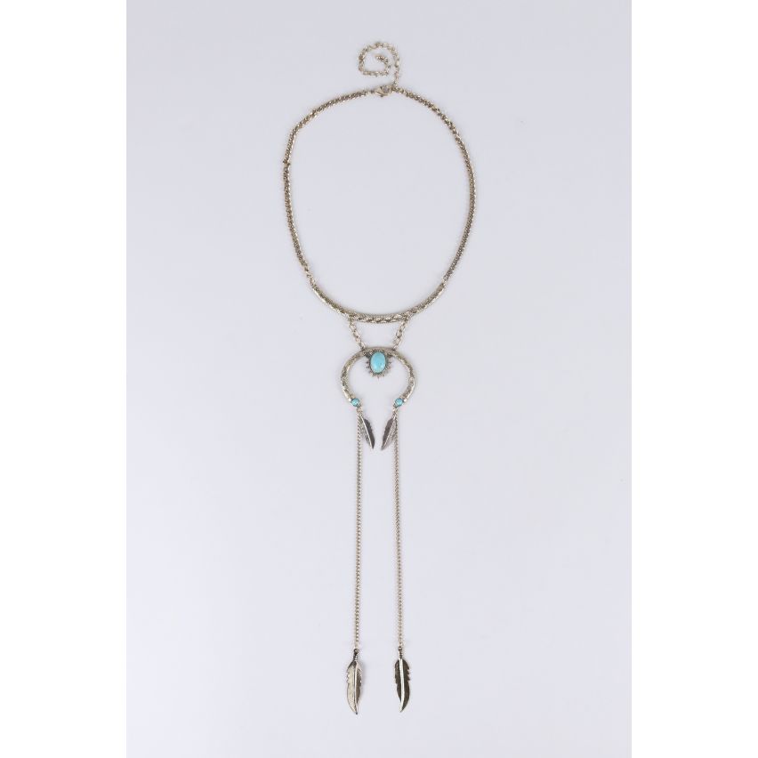 Lovemystyle Gold Necklace With Turquoise Stones And Feathers