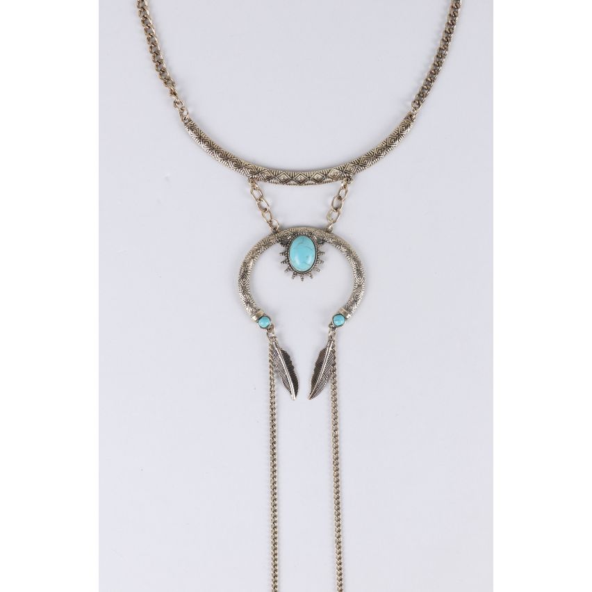 Lovemystyle or collier avec pierres Turquoise et plumes