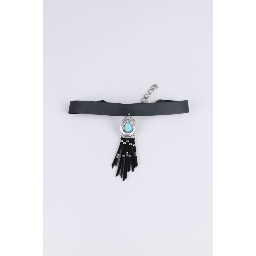 Lovemystyle zwarte Chocker met blauwe steen en kwast