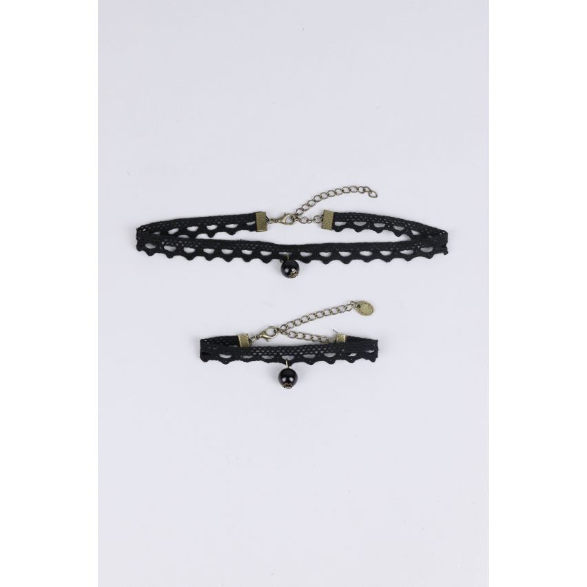 LMS Stoff Halsband und Armband-Set mit Perlen Anhänger