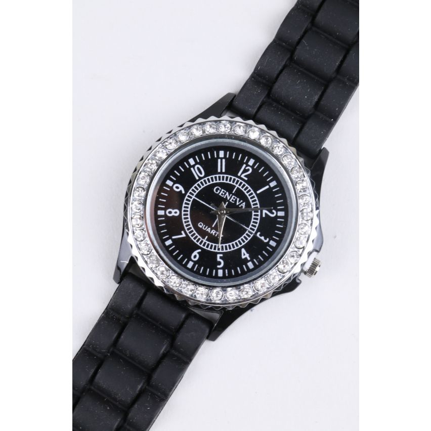 Lovemystyle Black Watch With Diamante Detail