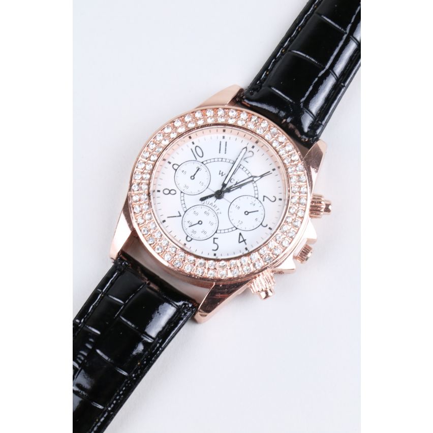 Lovemystyle zwart en Rose Gold horloge met Diamante Detail