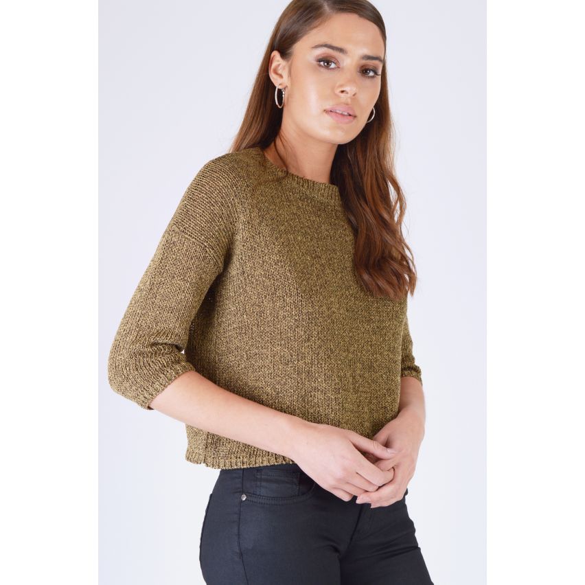 Friday's Project Khaki Green Knitted Jumper With 3/4 Sleeves