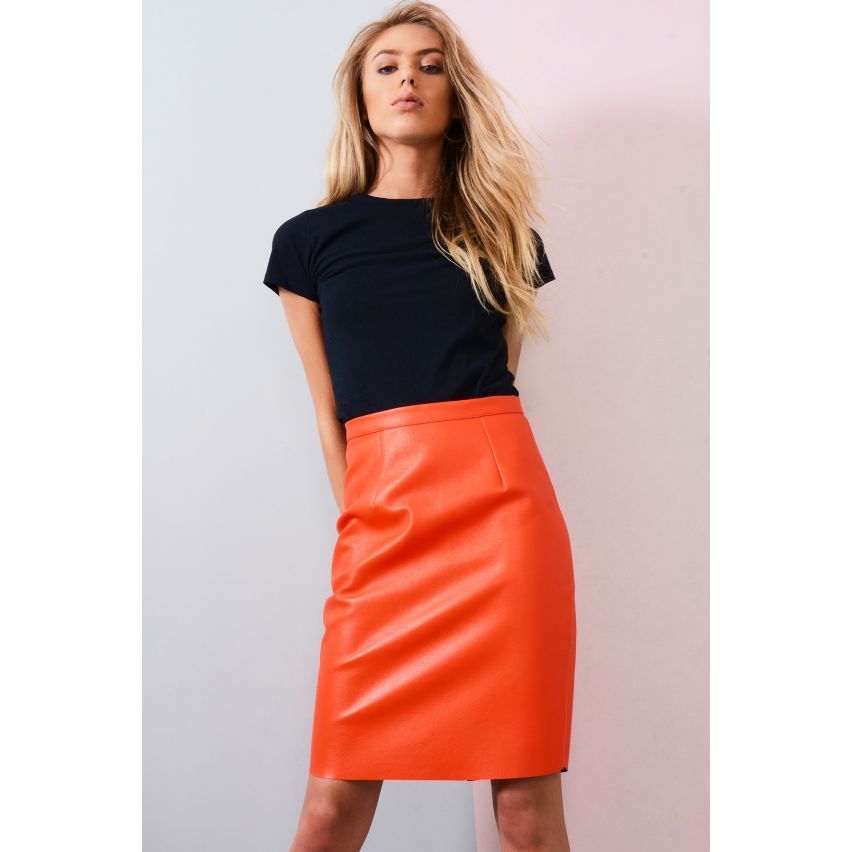 Lovemystyle Neon Orange Pencil Skirt With Back Zip