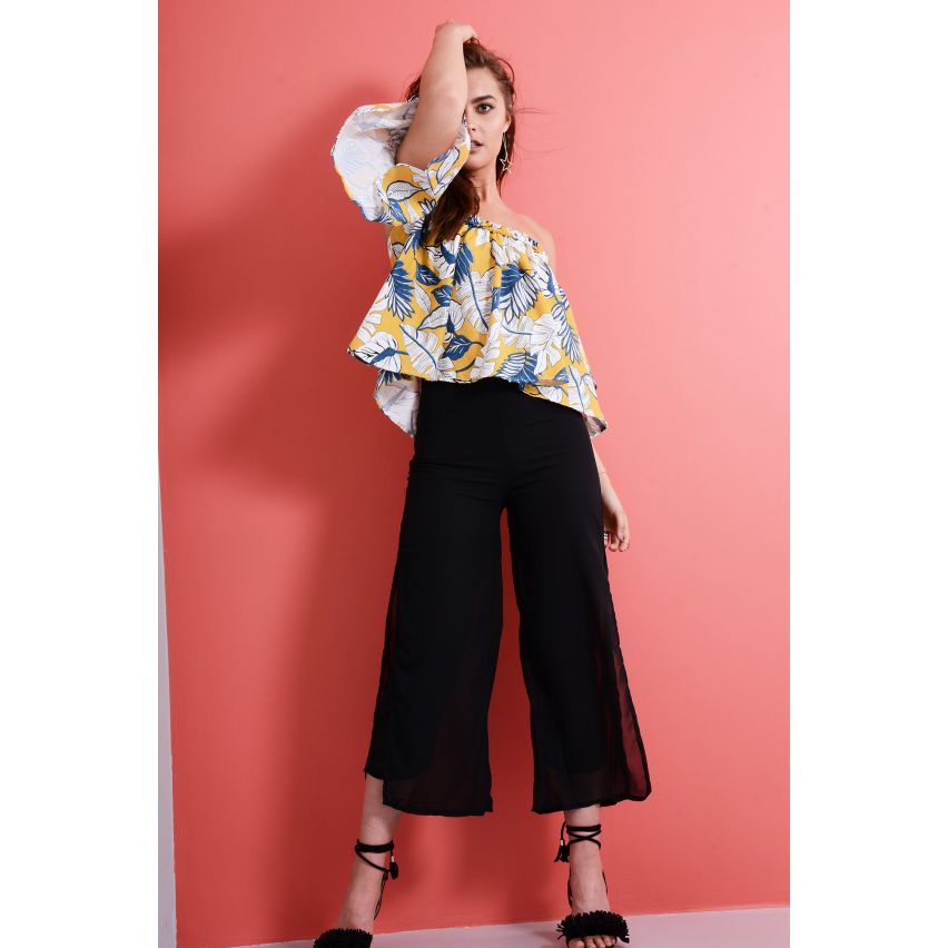 LMS uit de schouder franje Crop Top In gele tropische Print