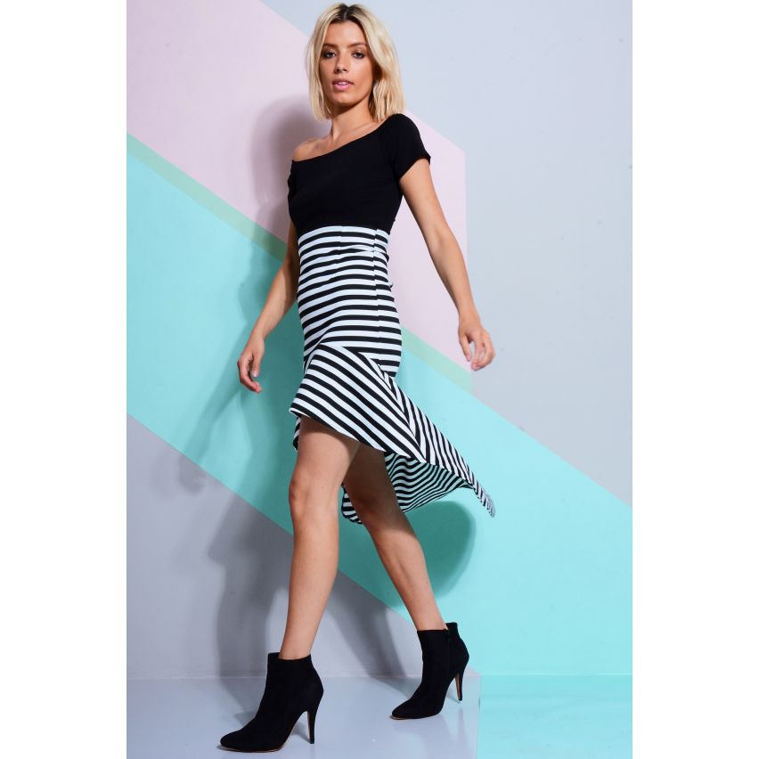 LMS aus der Schulter fallen Saum Kleid In schwarz und weiß Streifen