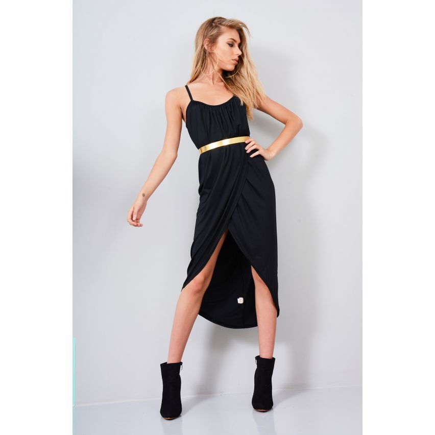 Lovemystyle Black Loose Fit Cami Wrap Dress With Gold Belt
