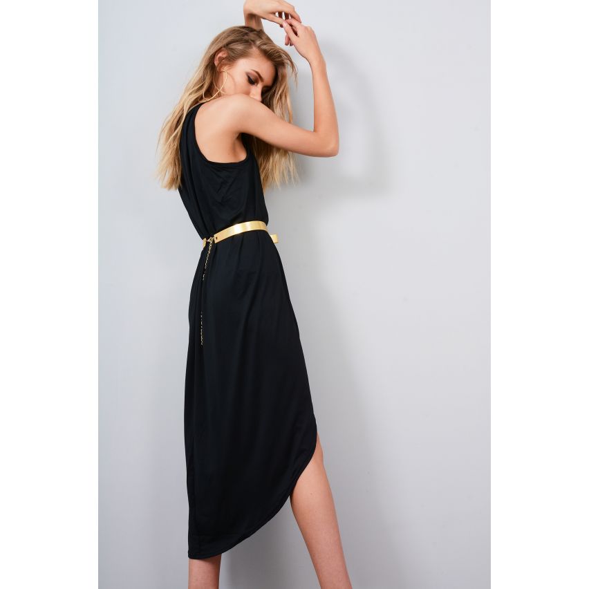 Lovemystyle Black Loose Fit Cami Wrap Dress With Gold Belt