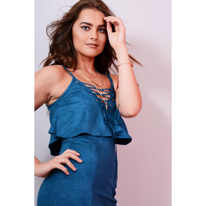 Lovemystyle Blue Faux Suede Dress With Lace-up Detail