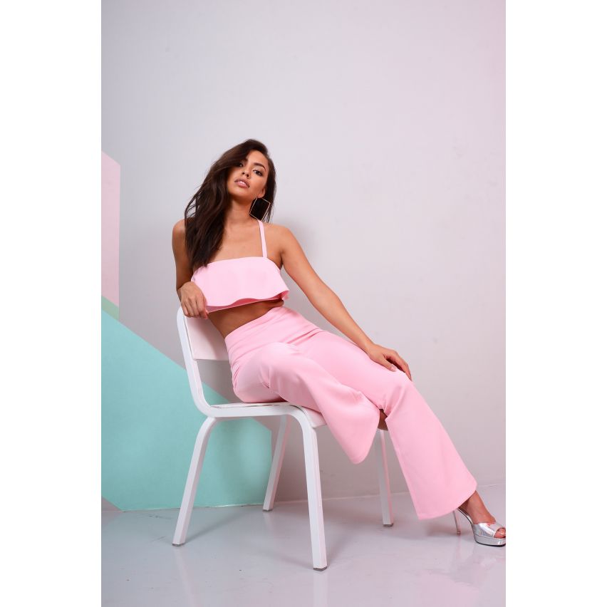 Lovemystyle roze Co-ord met Ruffle Crop Top en Bootleg broek
