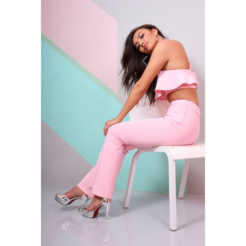 Lovemystyle roze Co-ord met Ruffle Crop Top en Bootleg broek
