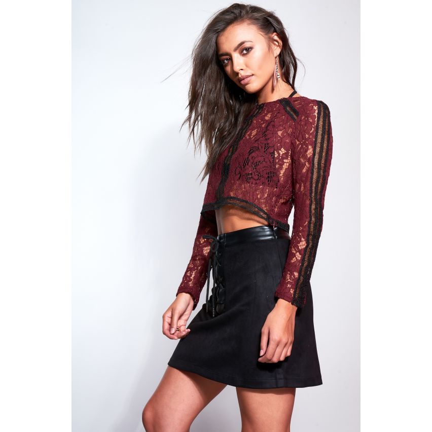 Goldie London Maroon Lace Top With Black Ladder Detailing