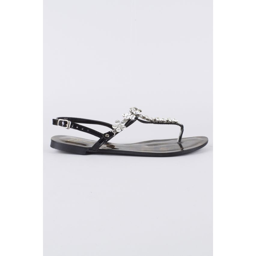 Lovemystyle Black Sandals With Silver Diamante Embellishments