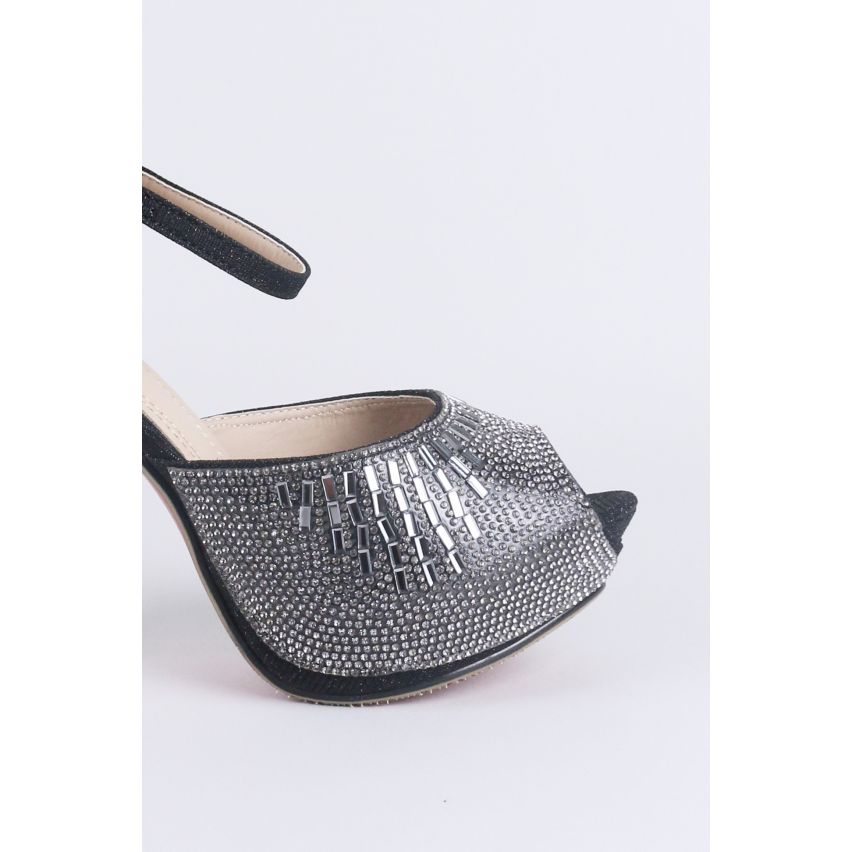 LMS Black Glitter Platform Peep Toe Shoe With Ankle Strap