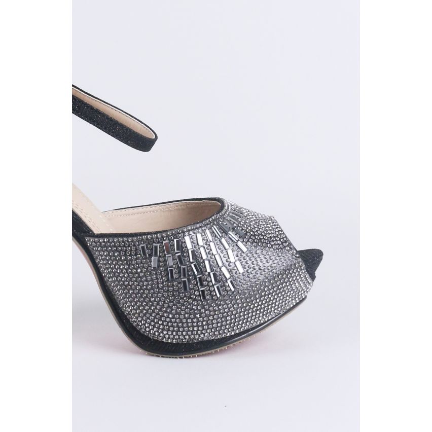 LMS Svart Glitter plattform Peep Toe sko med ankel rem