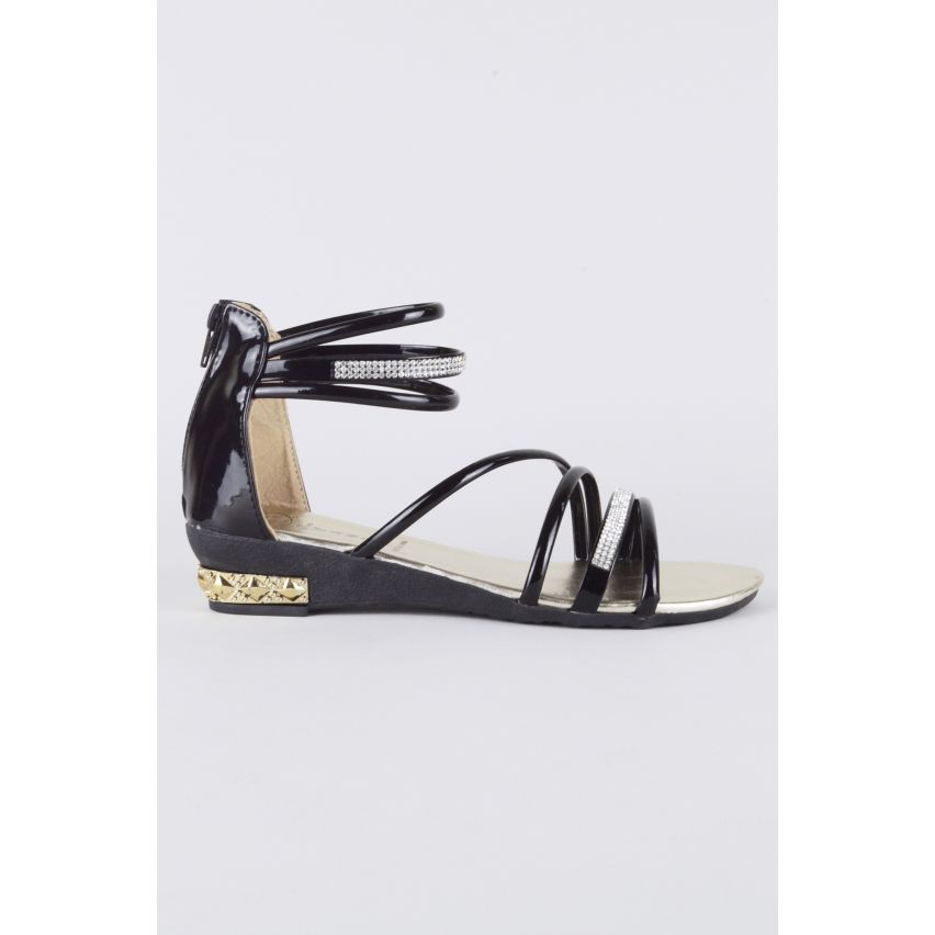 LMS zwart Multi riem platte sandaal met Diamante Detail