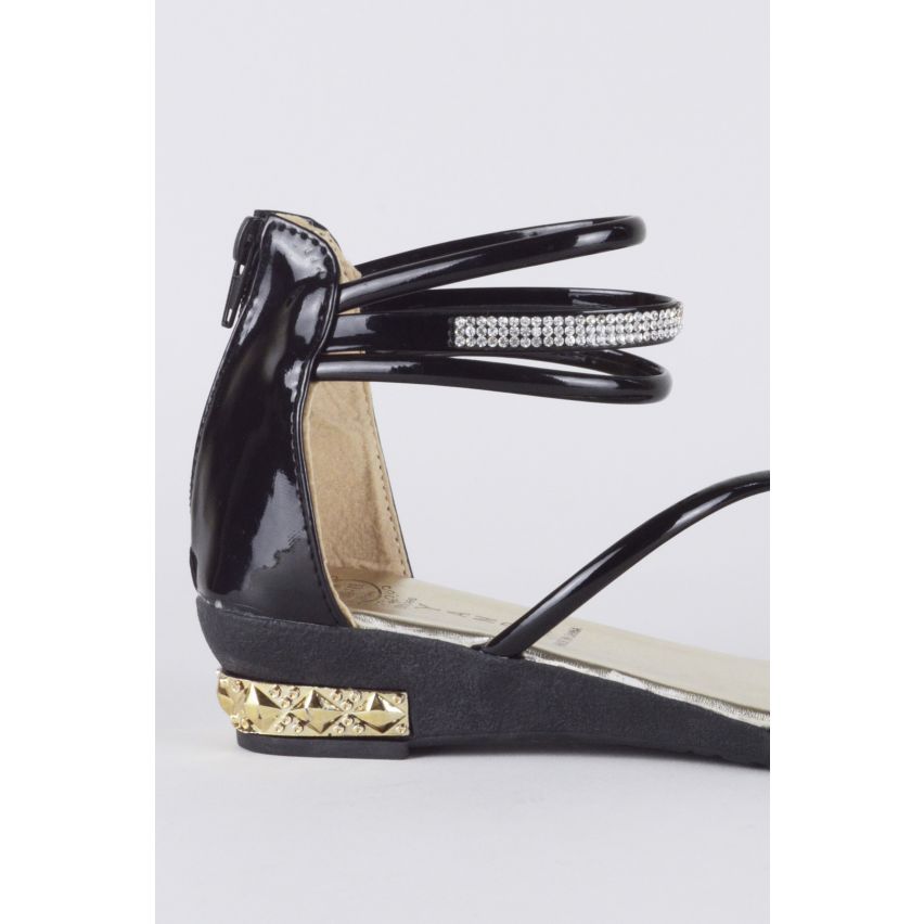 LMS Black Multi Strap Flat Sandal With Diamante Detail