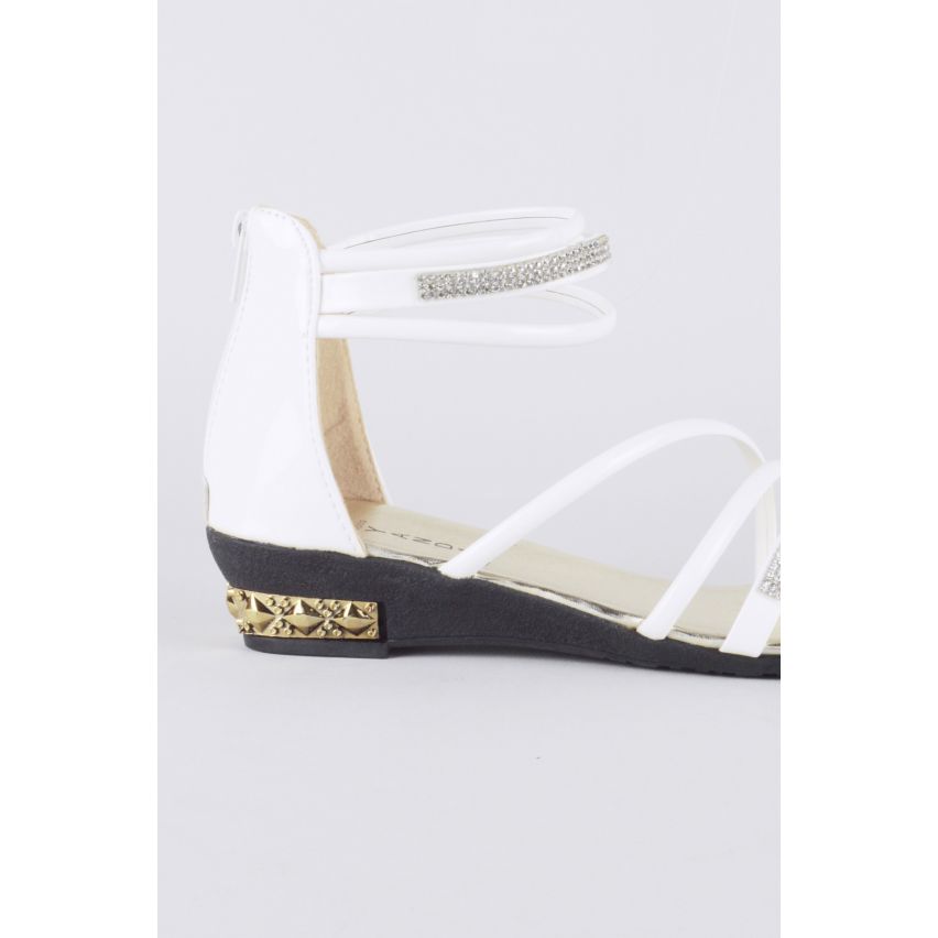 LMS White Multi Strap Flat Sandal With Diamante Detail