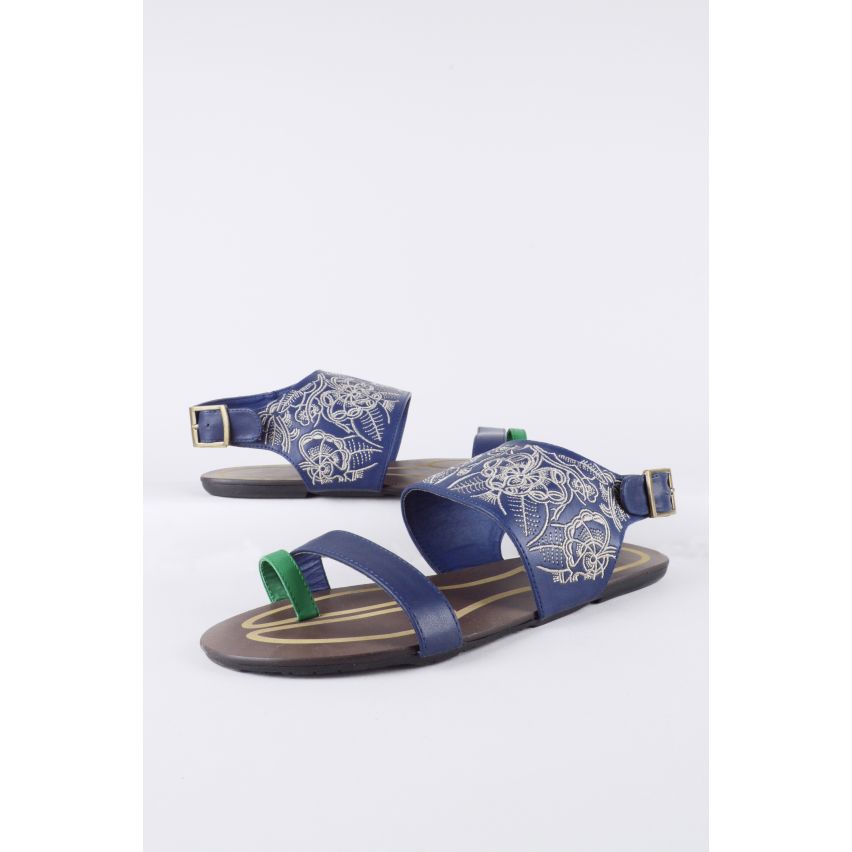 LMS Blue Leather Sandals With Stitching And Green Toe Strap