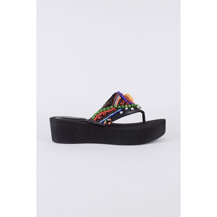 LMS negro cuña Flip Flop con pedrería multicolor