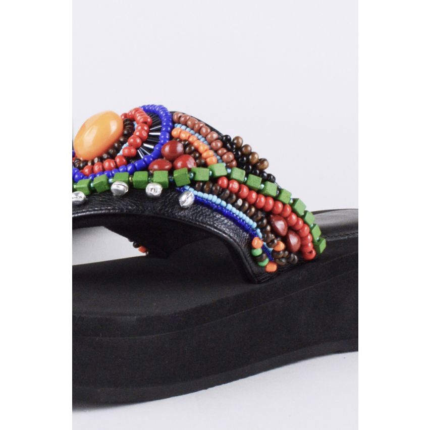 LMS noir coin Flip Flop avec perles multicolores