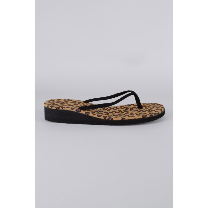 LMS Black Flat Flip Flops With Leopard Print Sole