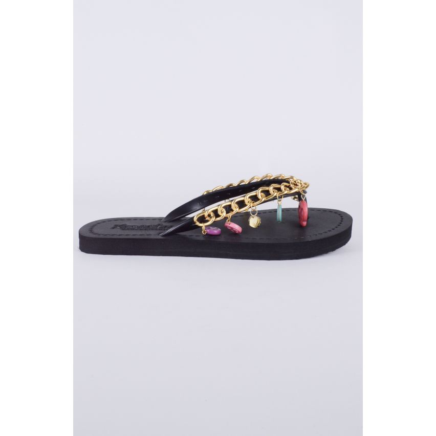 Lovemystyle zwart Flip Flops met gouden ketting en charme riem