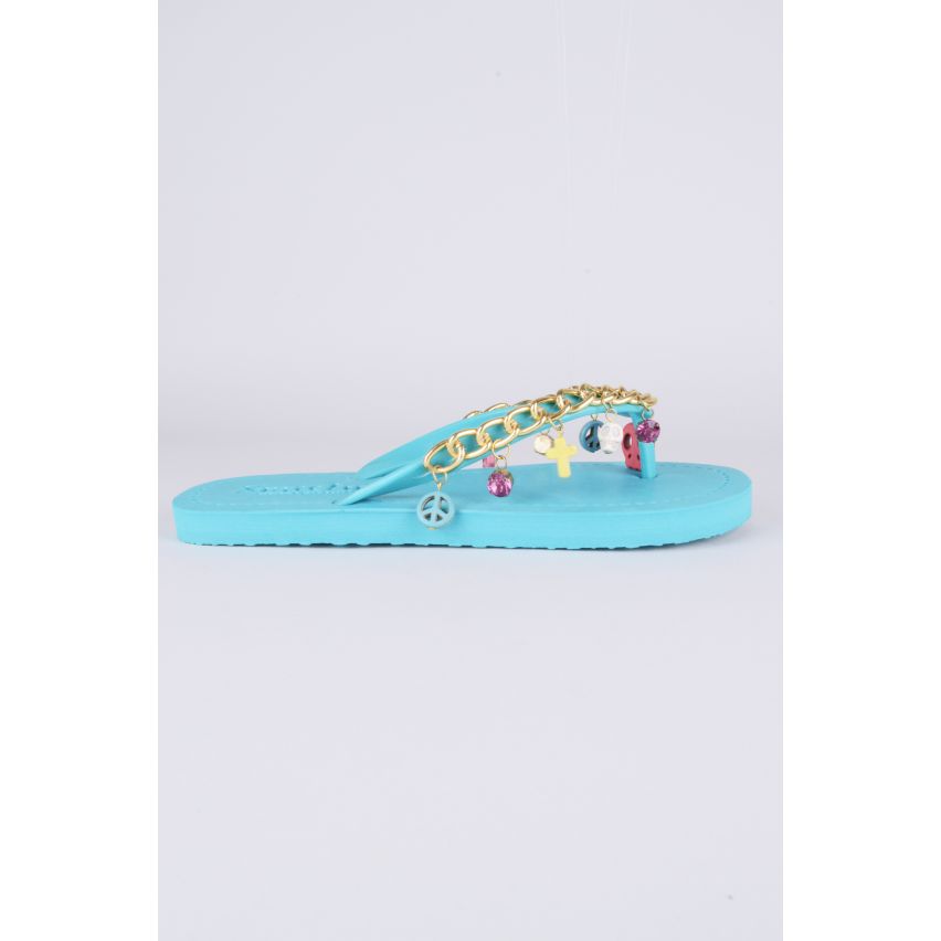 Lovemystyle blau Flip Flops mit Goldkette und Charm Armband
