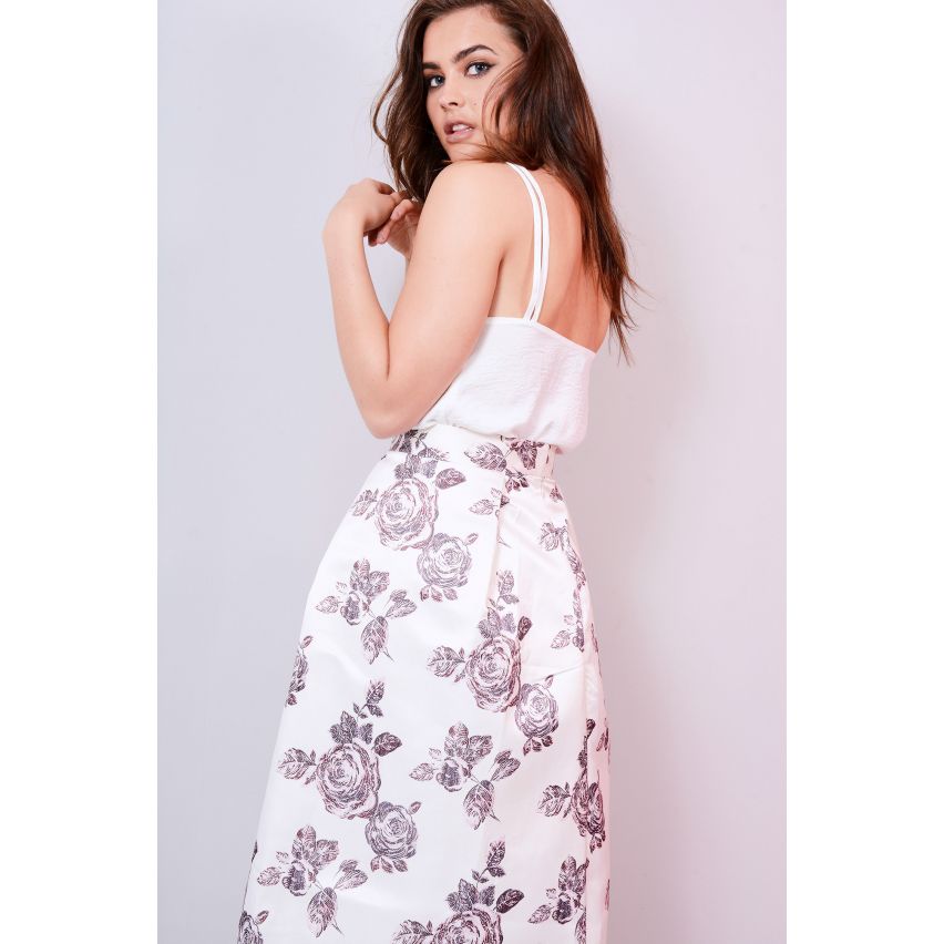 Lovemystyle jupe de Floral Satin Midi complet avec ceinture plissée