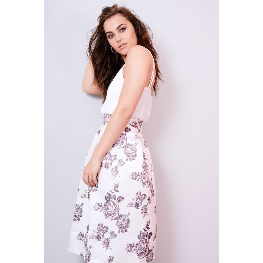 Lovemystyle jupe de Floral Satin Midi complet avec ceinture plissée