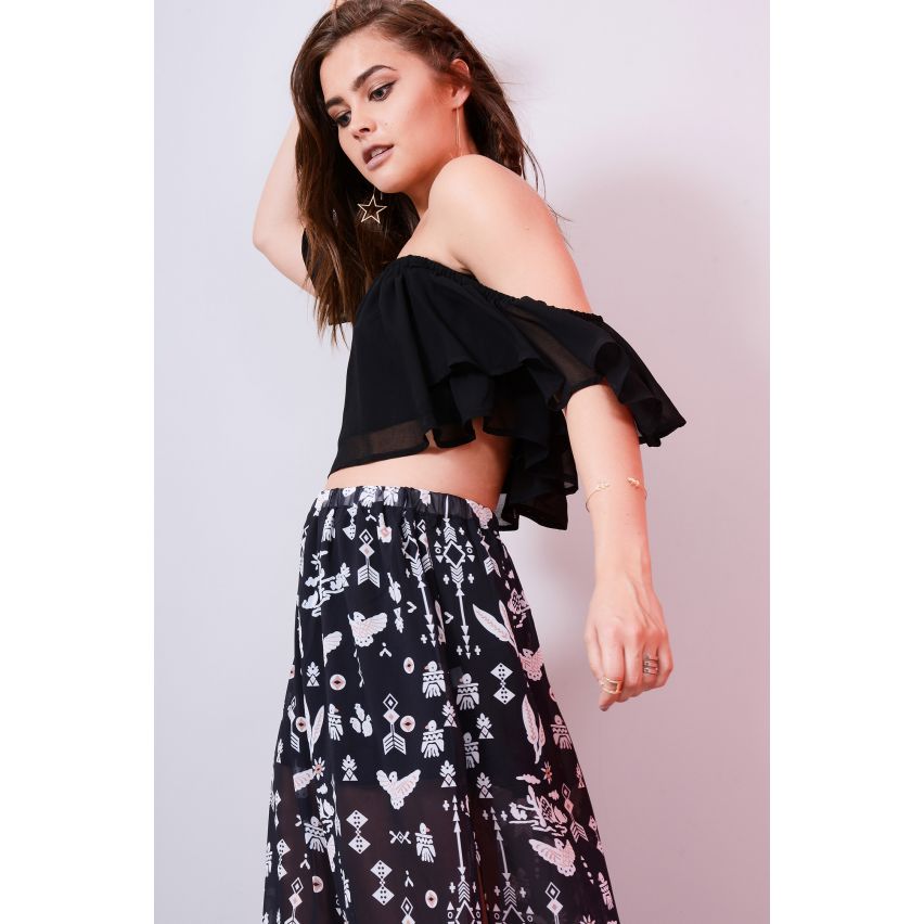 Lovemystyle aus der Schulter Schwarz Chiffon bauchfreies Top