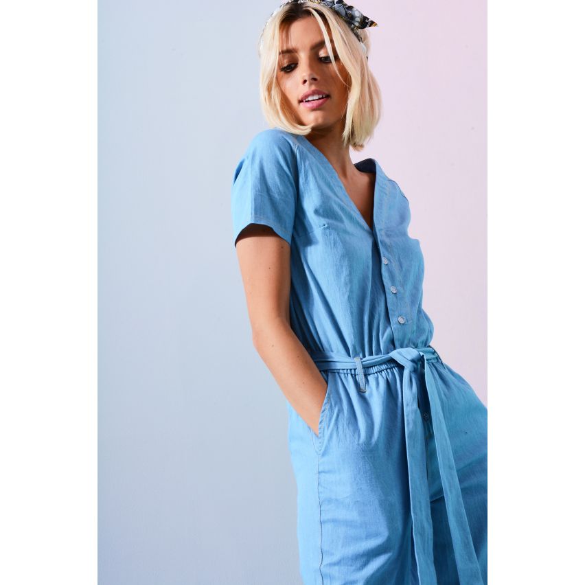LMS licht Denim Jumpsuit met knop ingedrukt Front en band in de taille